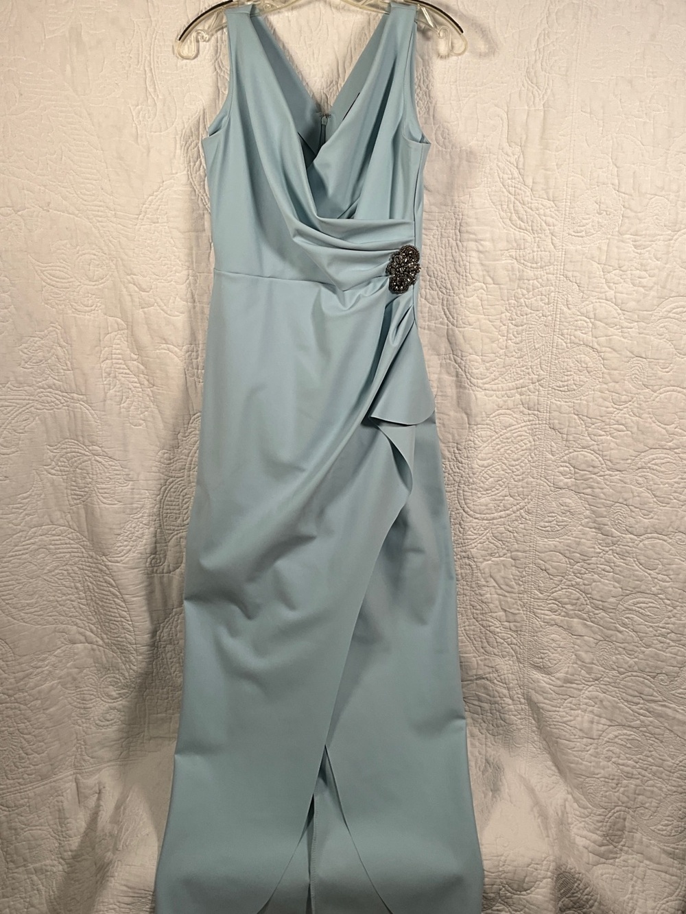 Sleeveless Draped Maxi Dress with Embellished Side Accent - Light Blue